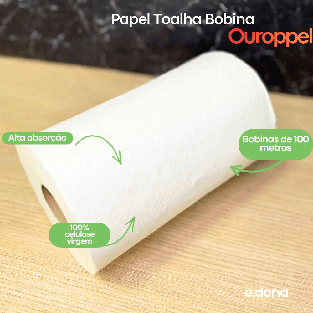 Papel Toalha Bobina 100% Celulose Ouroppel – 8 Rolos de 100 Metros - e - dona