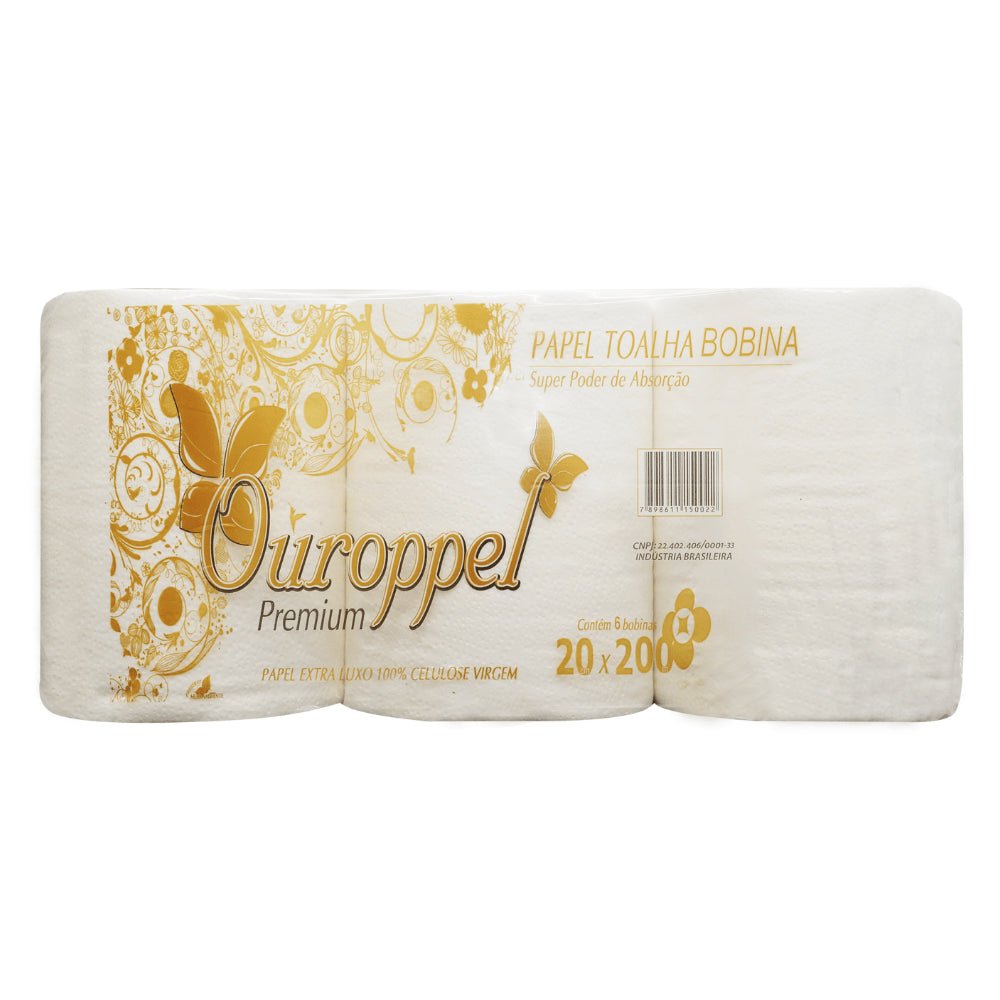 Papel Toalha Bobina 100% celulose Ouroppel com 6 rolos de 200 metros - e - dona