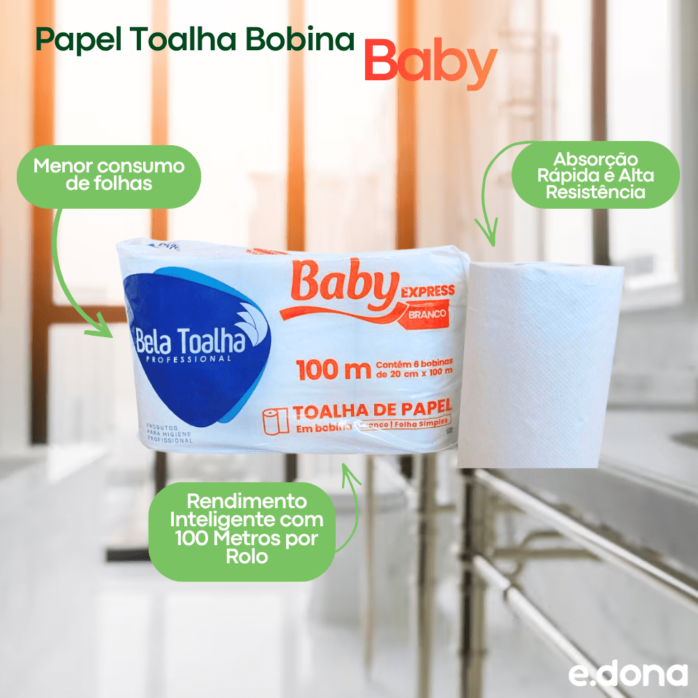 Papel Toalha Bobina Branco Baby – 6 Rolos de 100 Metros - e - dona