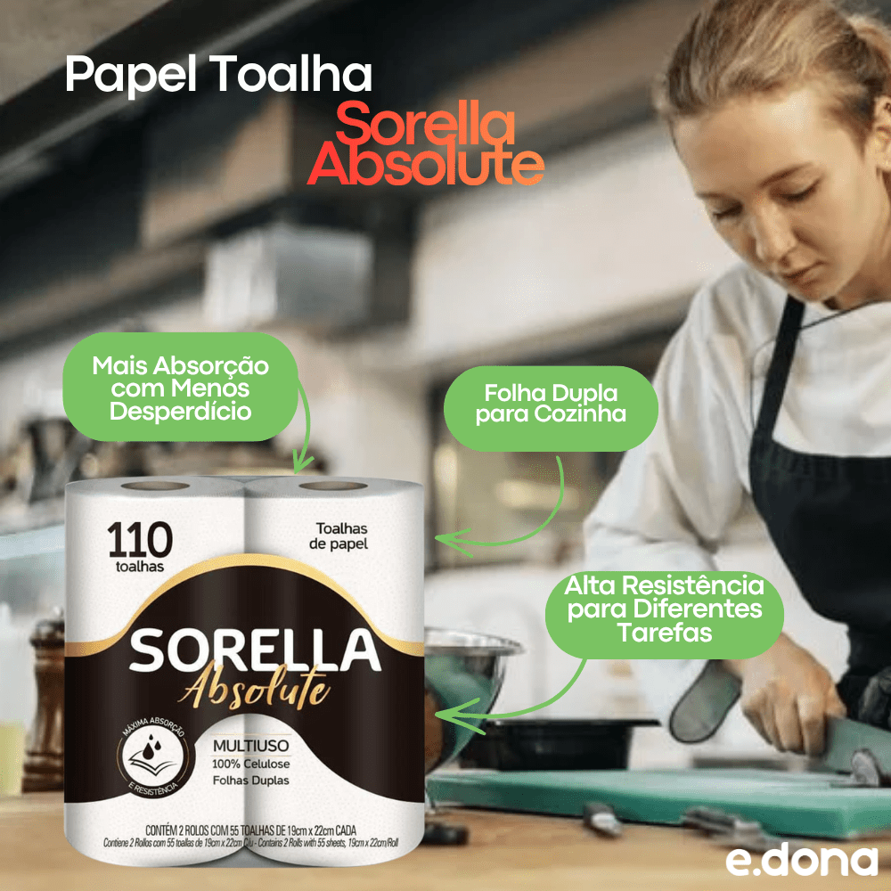 Papel Toalha Sorella Absolute Folha Dupla para Cozinha – 2 Rolos - e - dona