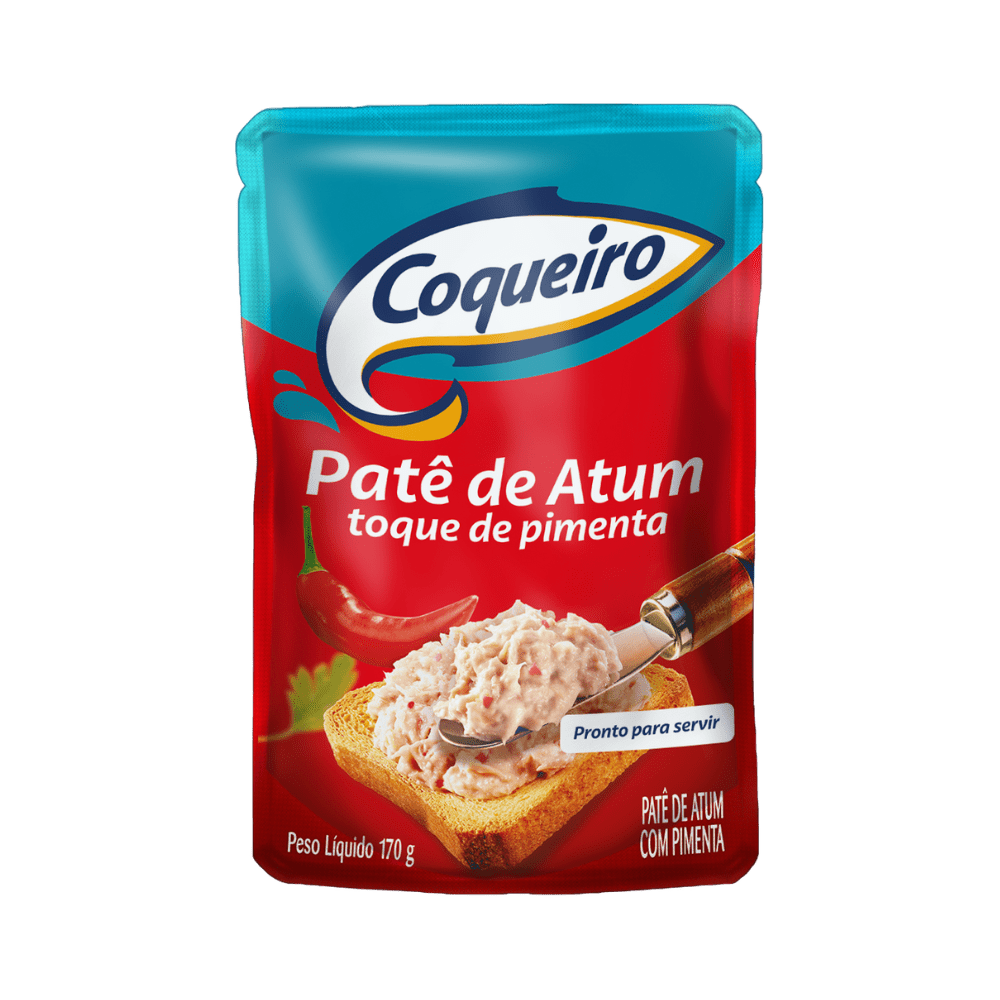 Embalagem sachê azul e vermelha de Patê de Atum com toque de pimenta Coqueiro (170 g). O rótulo mostra uma porção do patê sobre uma torrada e um desenho de pimenta vermelha.