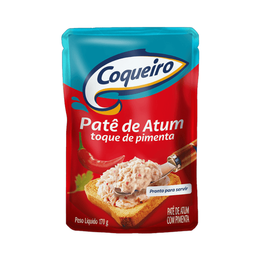 Embalagem sachê azul e vermelha de Patê de Atum com toque de pimenta Coqueiro (170 g). O rótulo mostra uma porção do patê sobre uma torrada e um desenho de pimenta vermelha.