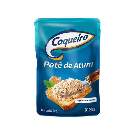 Embalagem sachê azul-petróleo de Patê de Atum Coqueiro (170 g). O rótulo mostra uma porção do patê sobre uma torrada.