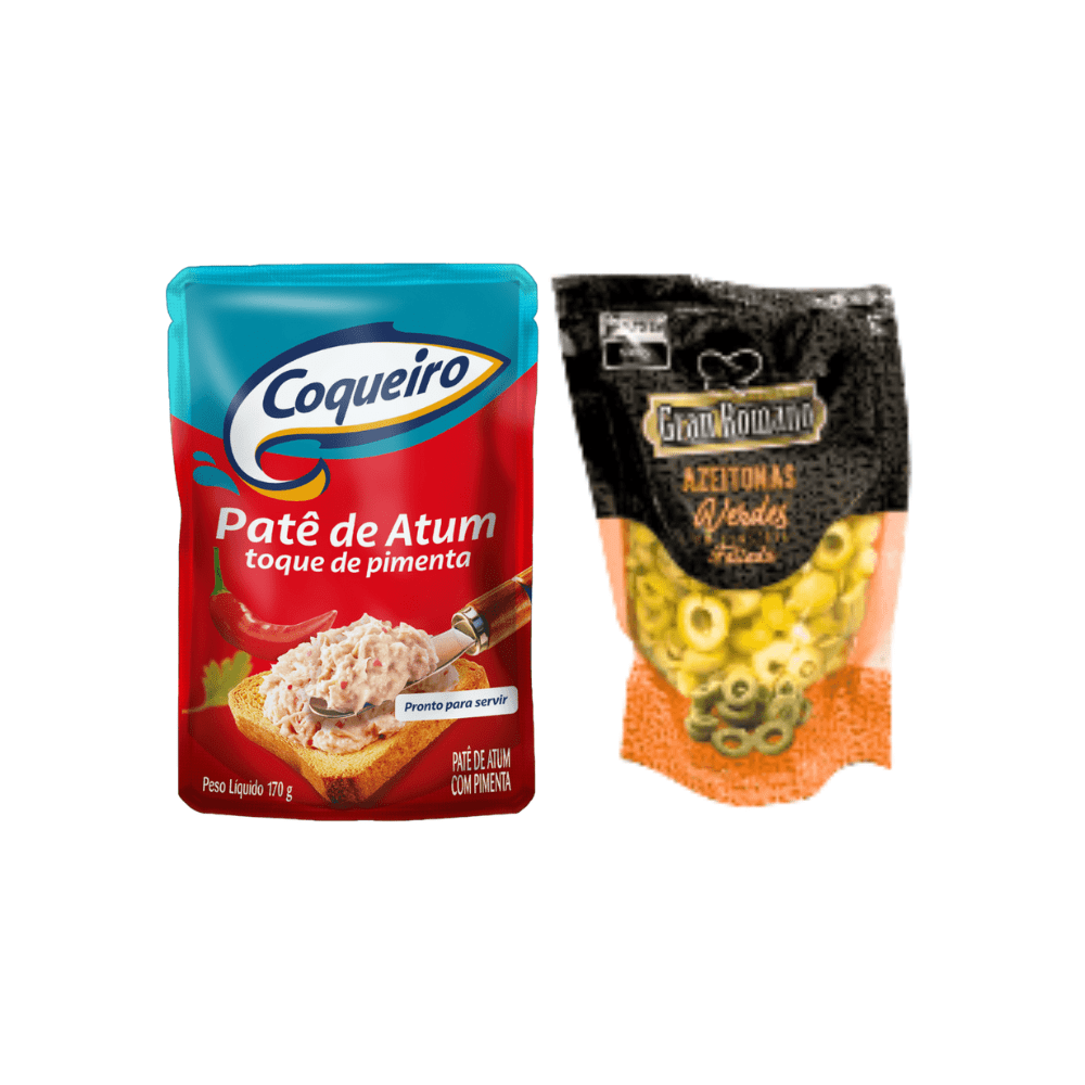 Embalagens de dois produtos alimentícios. À esquerda, patê de atum com toque de pimenta Coqueiro (170 g) em sachê vermelho. À direita, azeitonas verdes fatiadas Gran Romano em embalagem preta e transparente.