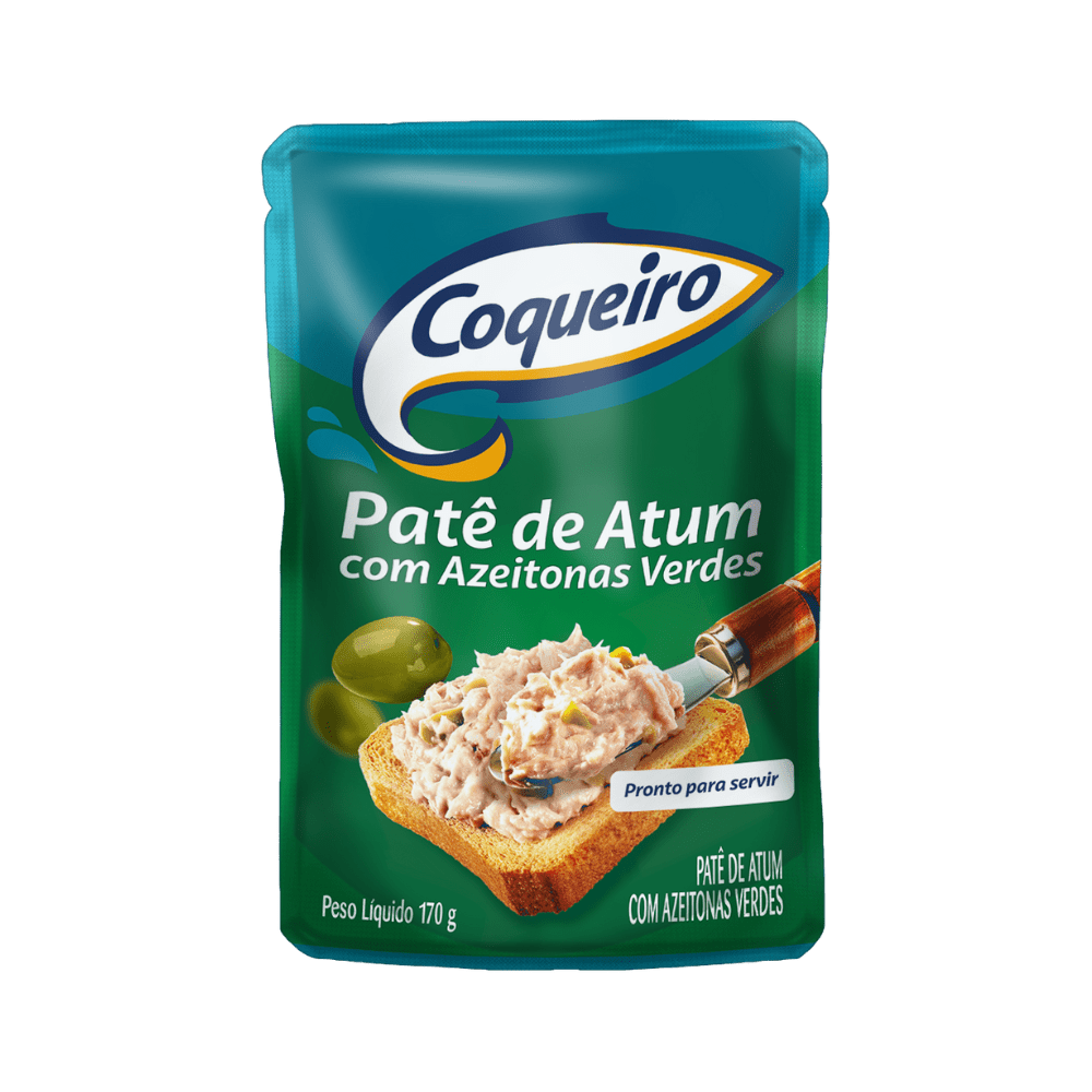 Embalagem sachê azul e verde de Patê de Atum com Azeitonas Verdes Coqueiro (170 g). O rótulo mostra o patê com pedaços de azeitona sobre uma torrada.