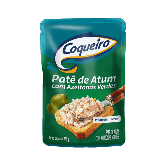 Embalagem sachê azul e verde de Patê de Atum com Azeitonas Verdes Coqueiro (170 g). O rótulo mostra o patê com pedaços de azeitona sobre uma torrada.