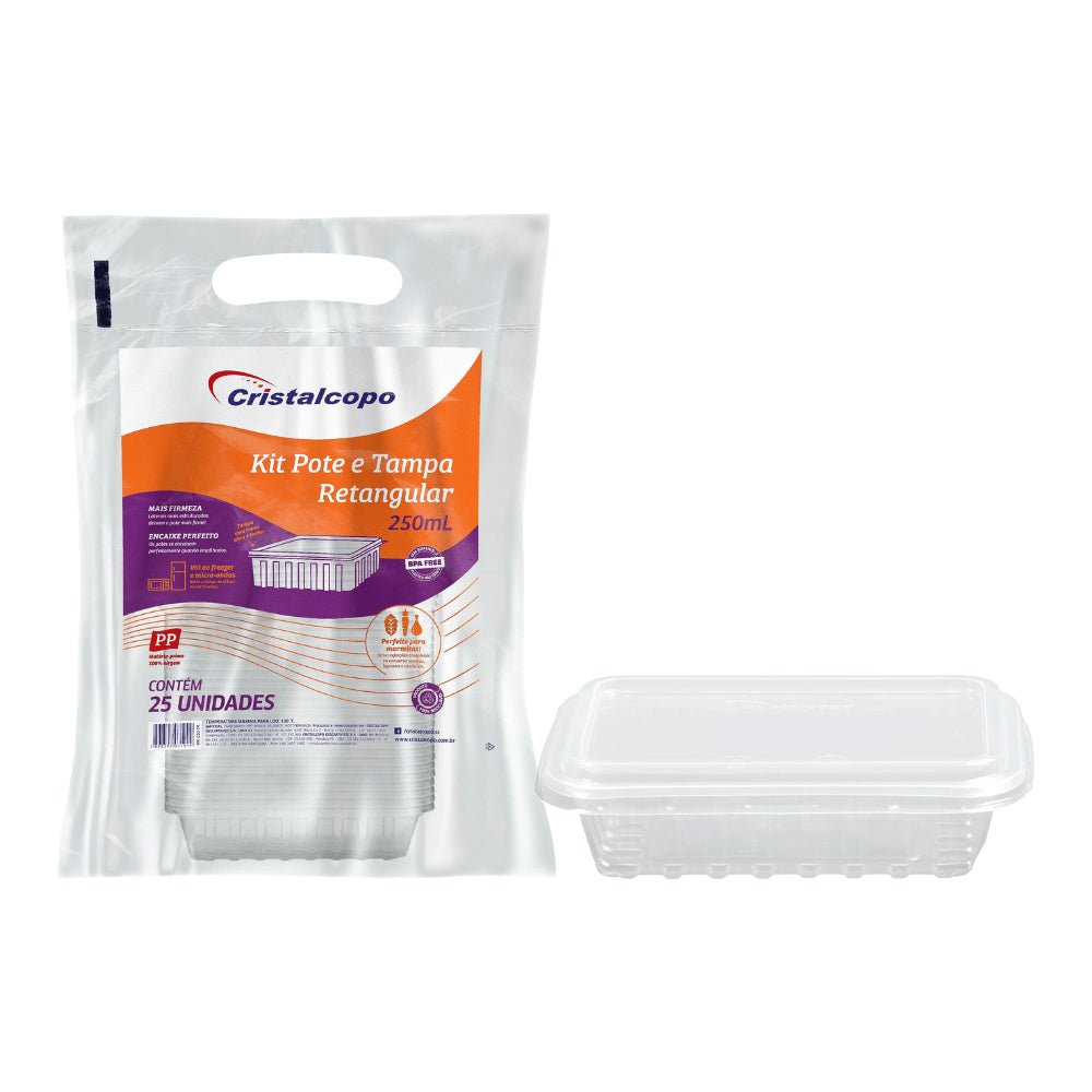 Pote 250ml Retangular Transparente com tampa Cristalcopo com 150 unidades - e - dona