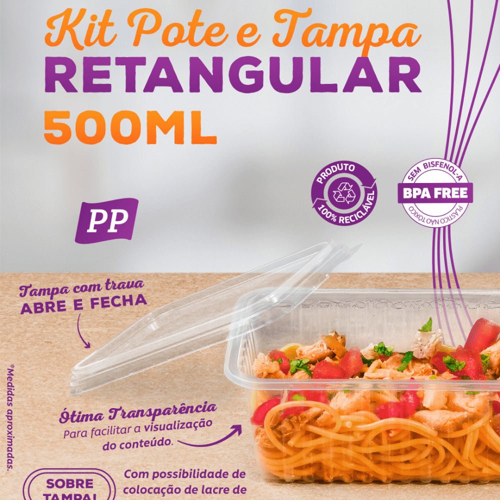 Pote de 500ml Retangular Transparente com tampa Cristalcopo com 150 unidades - e - dona