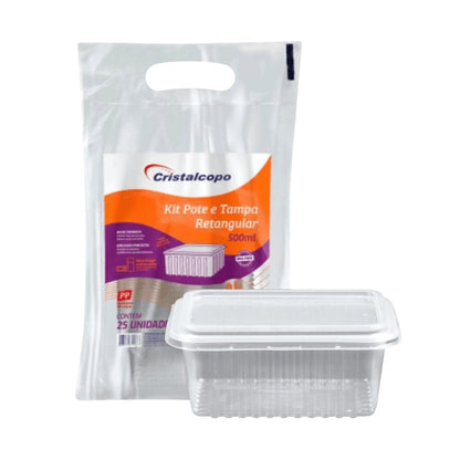 Pote de 500ml Retangular Transparente com tampa Cristalcopo com 25 unidades - Ideal armazenar alimentos no freezer ou micro - ondas - e - dona