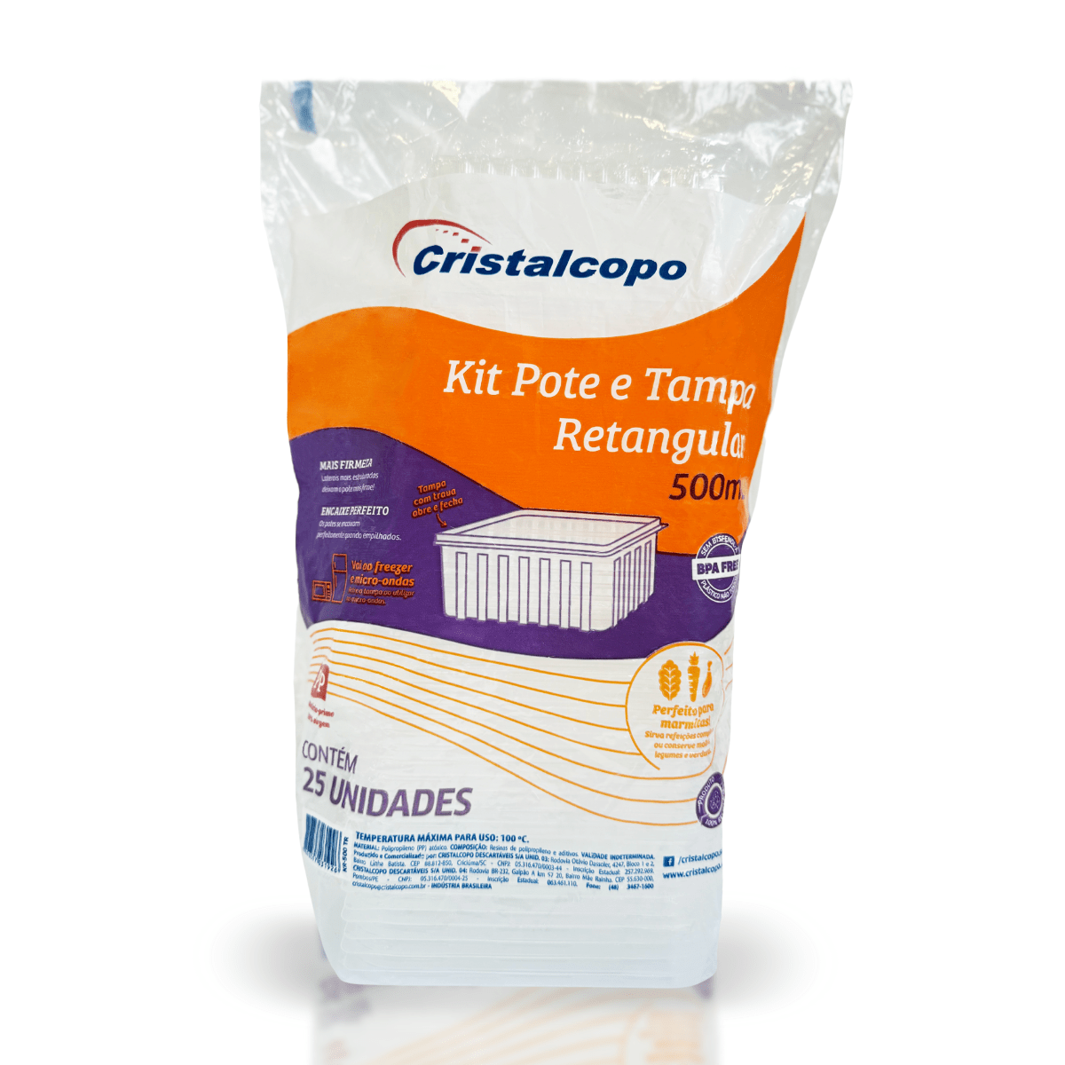 Pote de 500ml Retangular Transparente com tampa Cristalcopo com 25 unidades - Ideal armazenar alimentos no freezer ou micro - ondas - e - dona