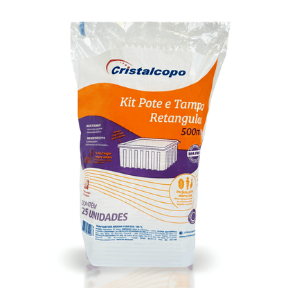 Pote de 500ml Retangular Transparente com tampa Cristalcopo com 25 unidades - Ideal armazenar alimentos no freezer ou micro - ondas - e - dona