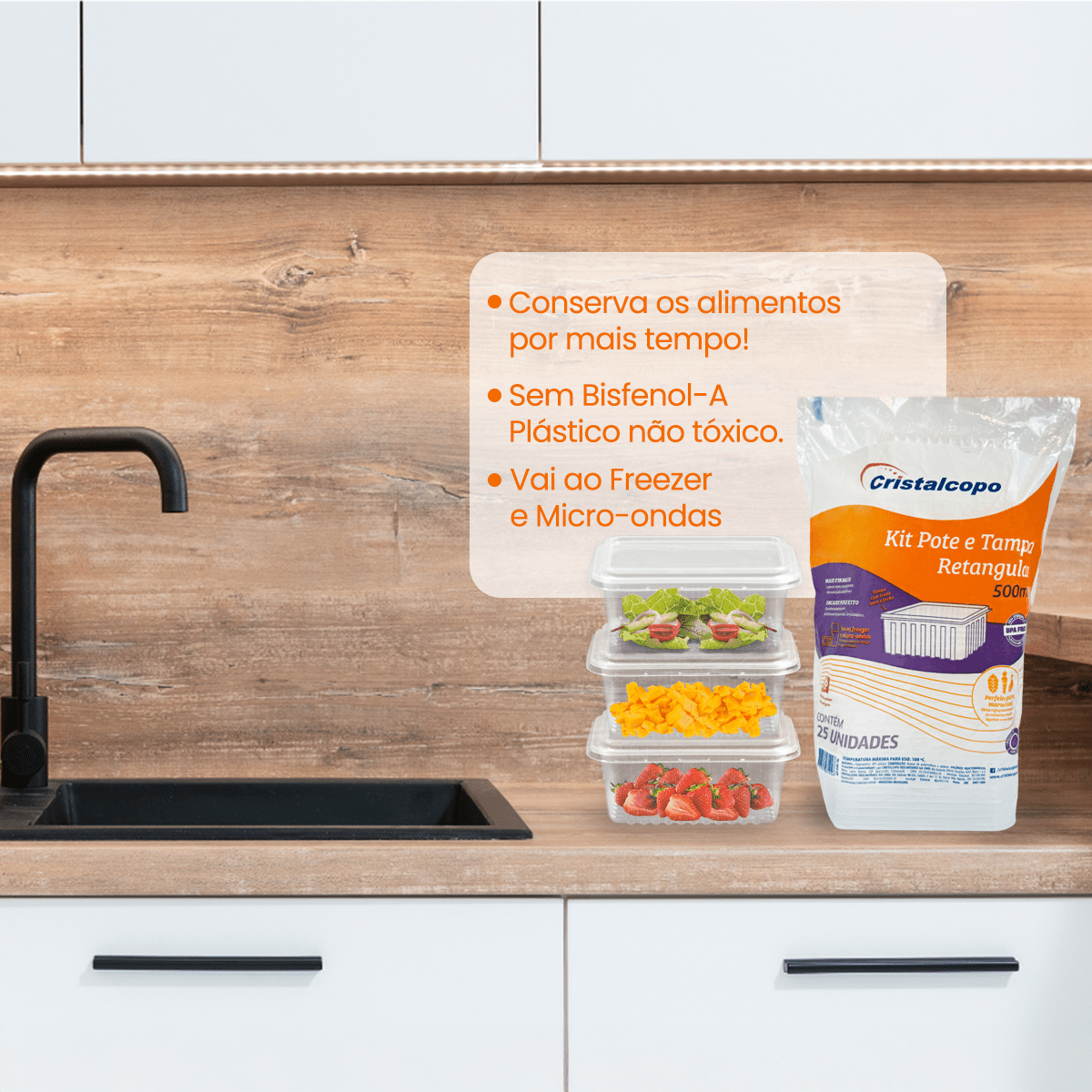 Pote de 500ml Retangular Transparente com tampa Cristalcopo com 25 unidades - Ideal armazenar alimentos no freezer ou micro - ondas - e - dona