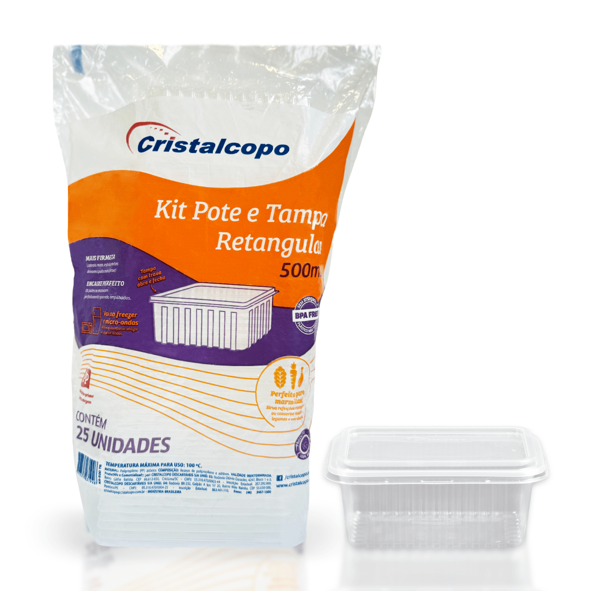 Pote de 500ml Retangular Transparente com tampa Cristalcopo com 25 unidades - Ideal armazenar alimentos no freezer ou micro - ondas - e - dona