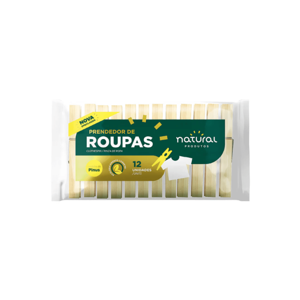 Prendedor de Roupas em Madeira Natural com 12 unidades - e - dona