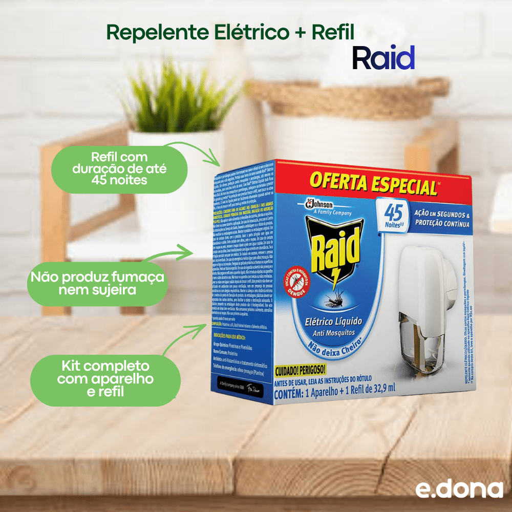 Repelente Elétrico + Refil 45 Noites Raid - e - dona