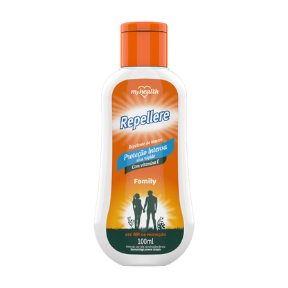 Frasco branco e laranja de Repelente de Insetos Repellere My Health Family de 100ml. O rótulo laranja e branco informa 'Proteção Intensa', 'Com vitamina E', e 'Até 4h de proteção'. O design inclui um pôr do sol com a silhueta de um casal.