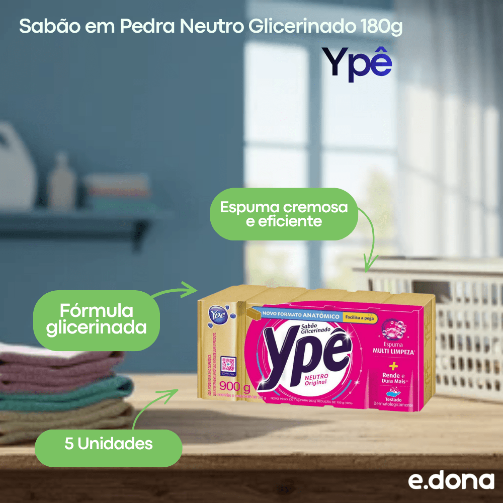 Sabão em Pedra Neutro Glicerinado 180g com 5 Unidades Ypê - e - dona
