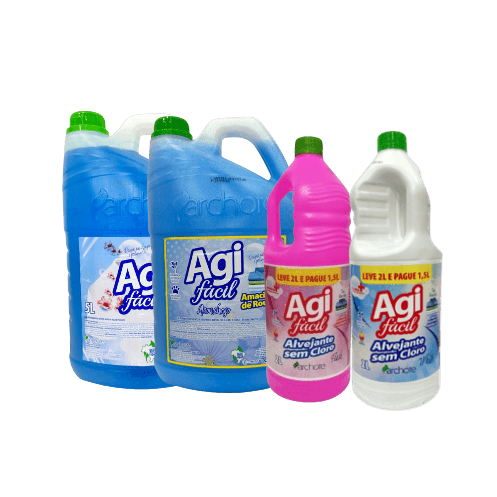 Sabão Liquido 5L+Amaciante Aconchego 5L+Alvejante 2L Sem Cloro Flash Arch+ Alvejante 2L Sem Cloro White Arch Agifacil - e - dona
