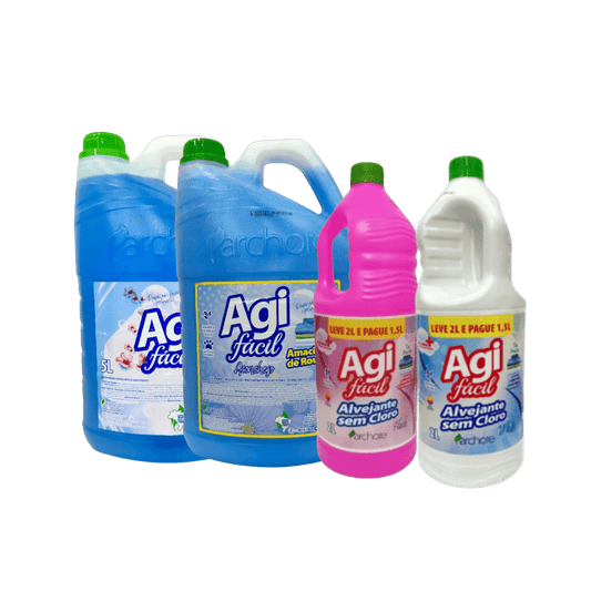 Sabão Liquido 5L+Amaciante Aconchego 5L+Alvejante 2L Sem Cloro Flash Arch+ Alvejante 2L Sem Cloro White Arch Agifacil - e - dona