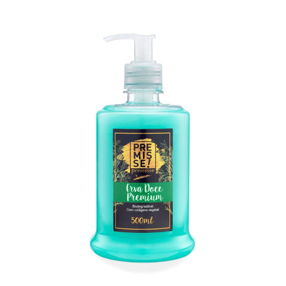 Frasco de 500 mL de Sabonete Líquido Premium Erva Doce da marca Premisse, com válvula pump. O líquido é de cor verde água/ciana perolada. O rótulo em tons escuros e dourados destaca que o produto é Biodegradável e contém Colágeno Vegetal.