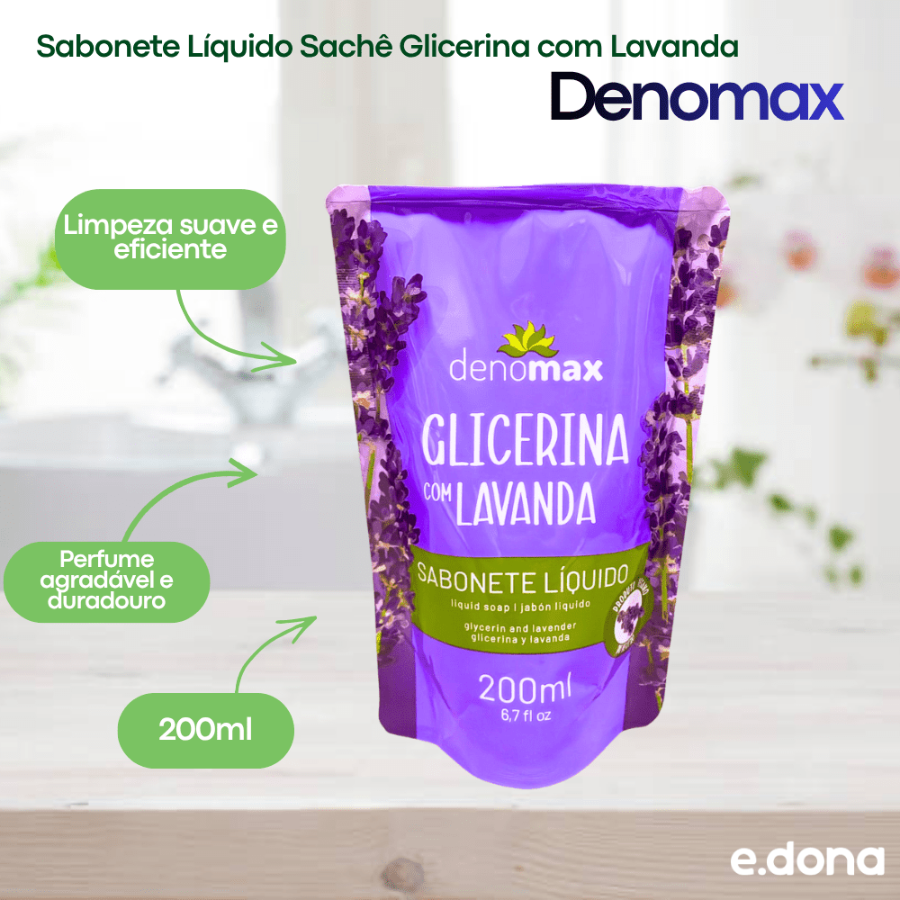 Sabonete Líquido Sachê Glicerina com Lavanda Denomax 200ml - e - dona