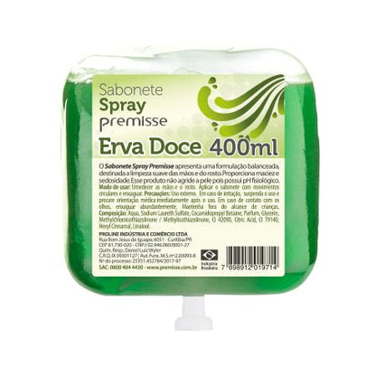 Refil/Sachê de Sabonete Spray Premisse Erva Doce de 400ml. Embalagem plástica transparente com líquido verde. O rótulo branco e verde informa 'pH fisiológico', 'Limpeza suave das mãos e do rosto' e 'formulação balanceada'.