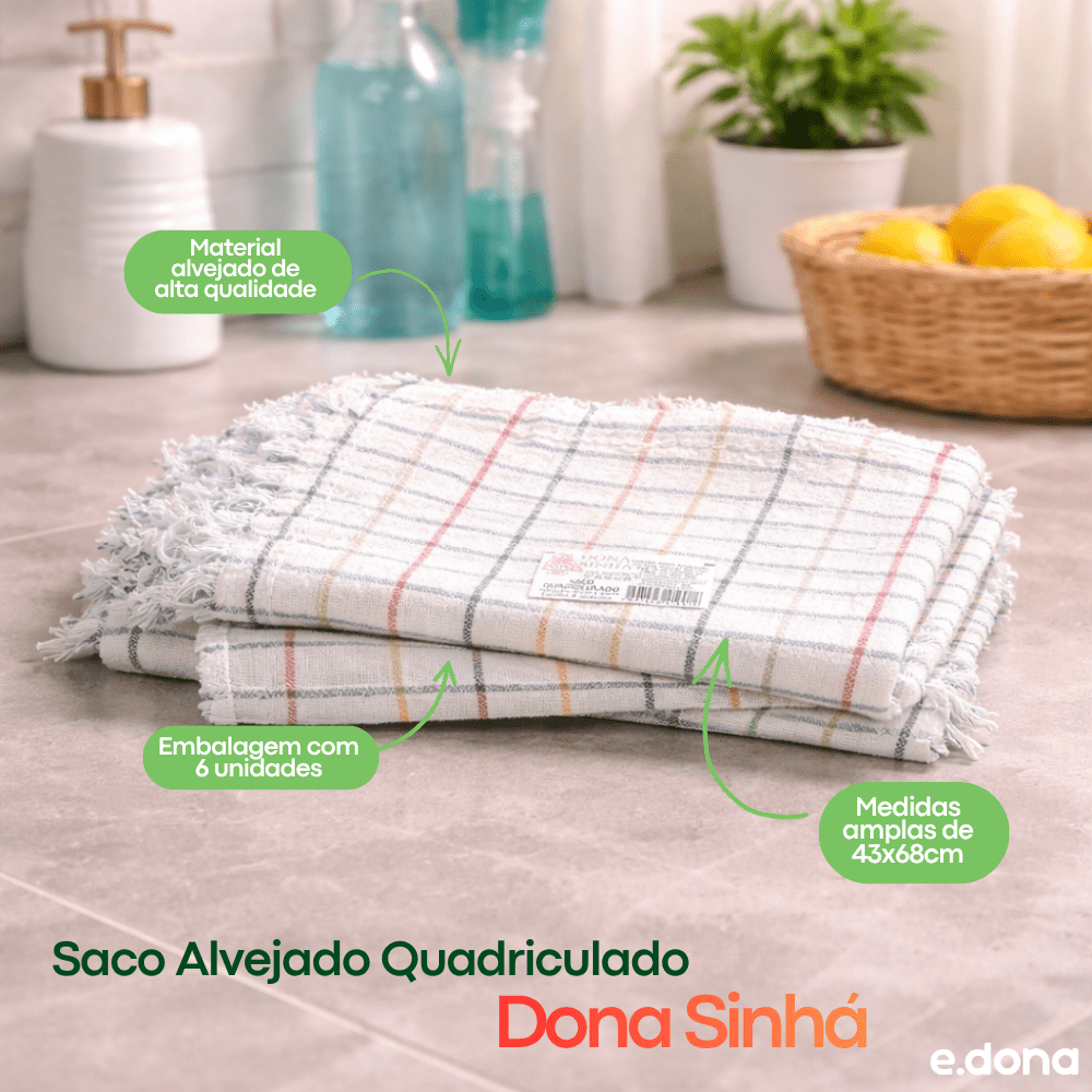 Saco Alvejado Quadriculado Dona Sinhá 43x68cm 110g - e - dona