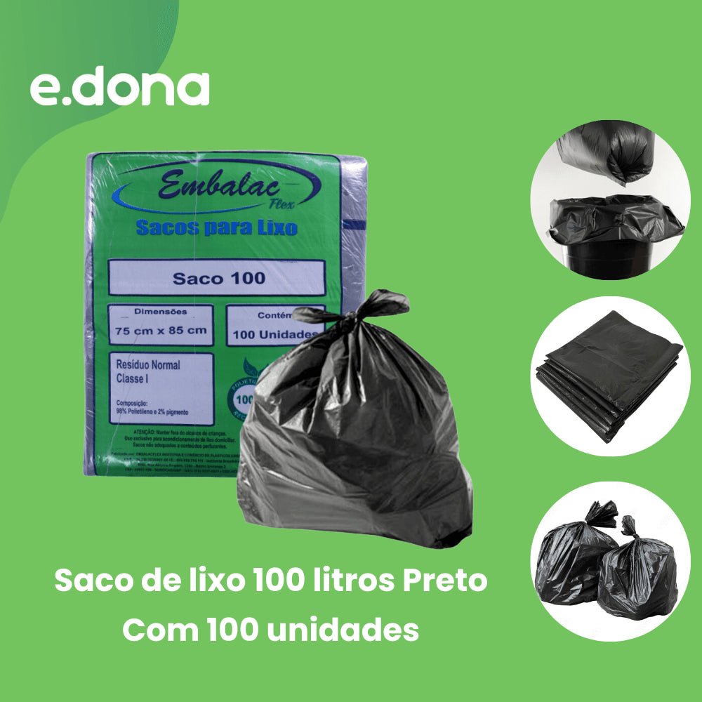 Saco de lixo 100 litros Preto Embalac com 100 unidades - e - dona