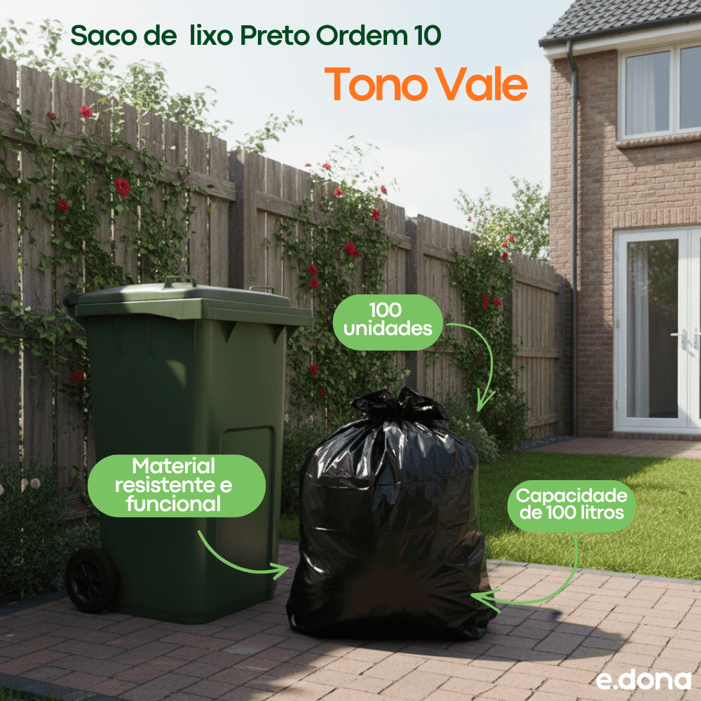 Saco de lixo 100 litros Preto Ordem 10 Tono Vale com 100 unidades - e - dona