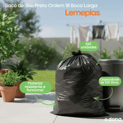 Saco de Lixo 100 Litros Preto Ordem 18 Boca Larga Lemeplas com 100 Unidades - e - dona