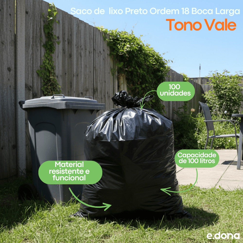 Saco de Lixo 100 Litros Preto Ordem 18 Boca Larga Tono Vale - e - dona