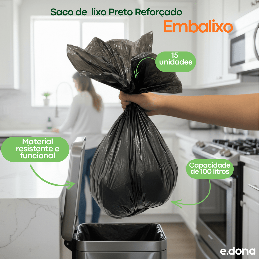 Saco de Lixo 100 Litros Preto Reforçado Embalixo – 15 Unidades - e - dona