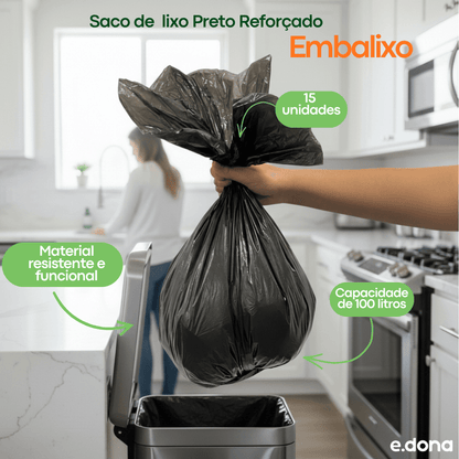 Saco de Lixo 100 Litros Preto Reforçado Embalixo – 15 Unidades - e - dona
