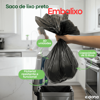 Saco de Lixo 15 Litros Preto Embalixo com 60 unidades - e - dona