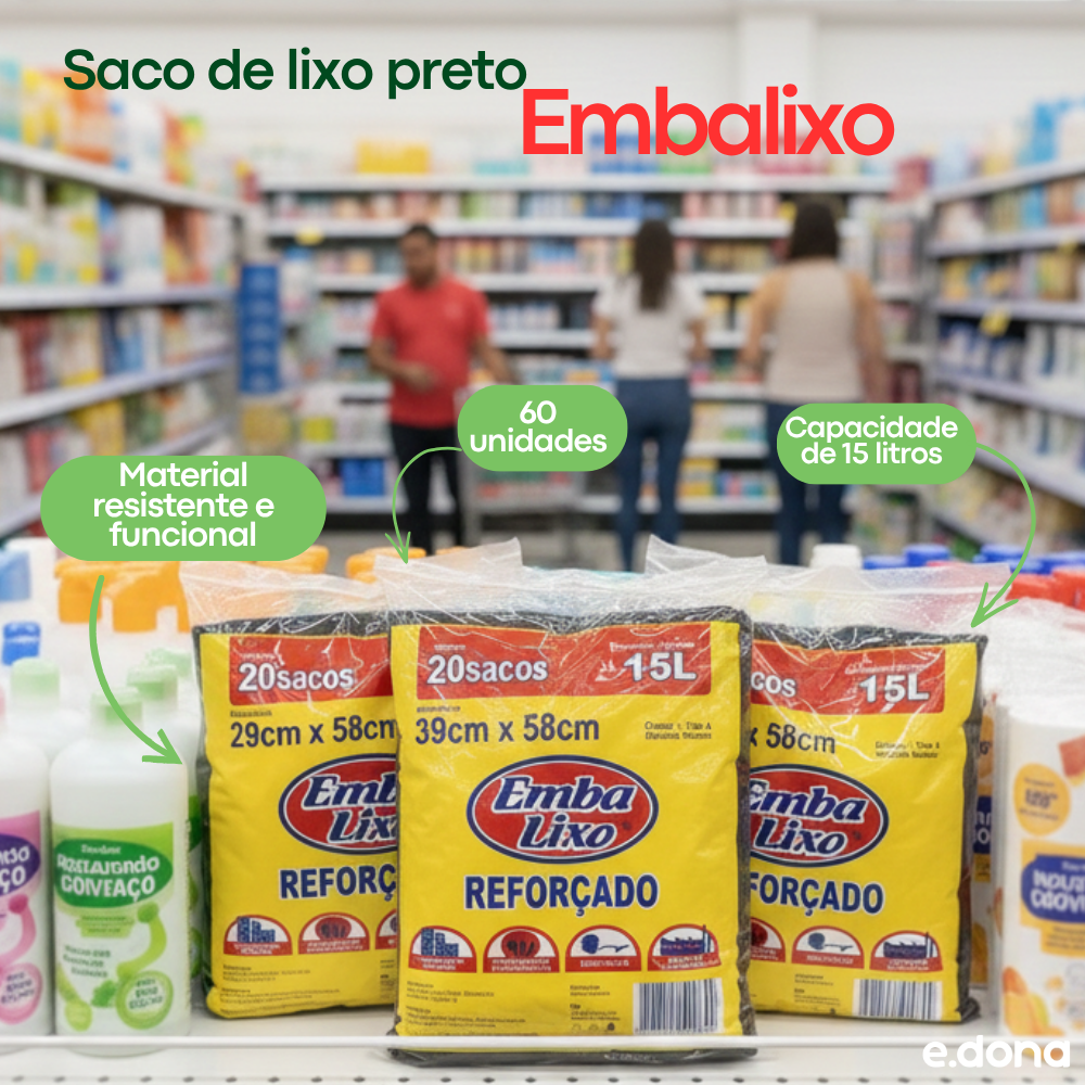 Saco de Lixo 15 Litros Preto Reforçado Embalixo - e - dona