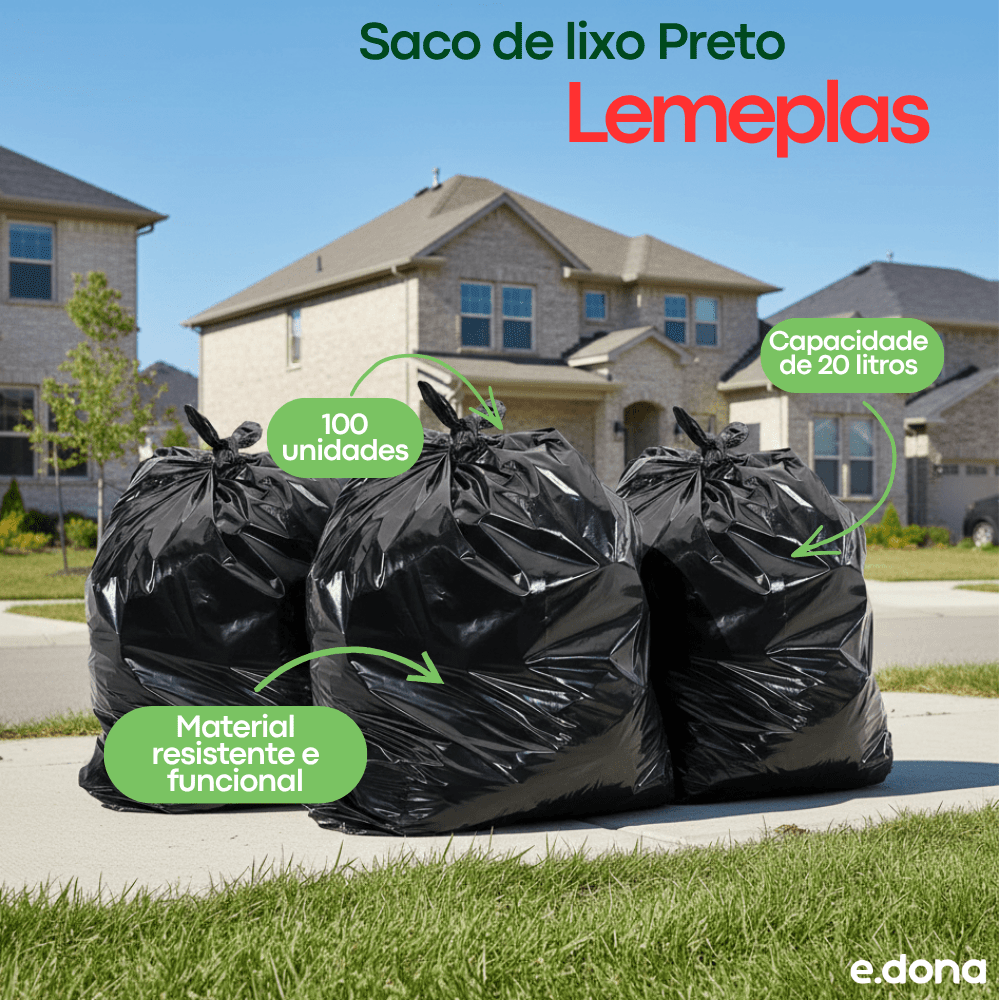 Saco de lixo 20 litros Preto Lemeplas com 100 unidades - e - dona