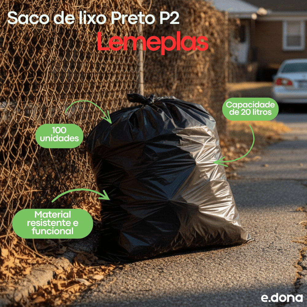 Saco de lixo 20 litros Preto P2 Lemeplas com 100 unidades - e - dona