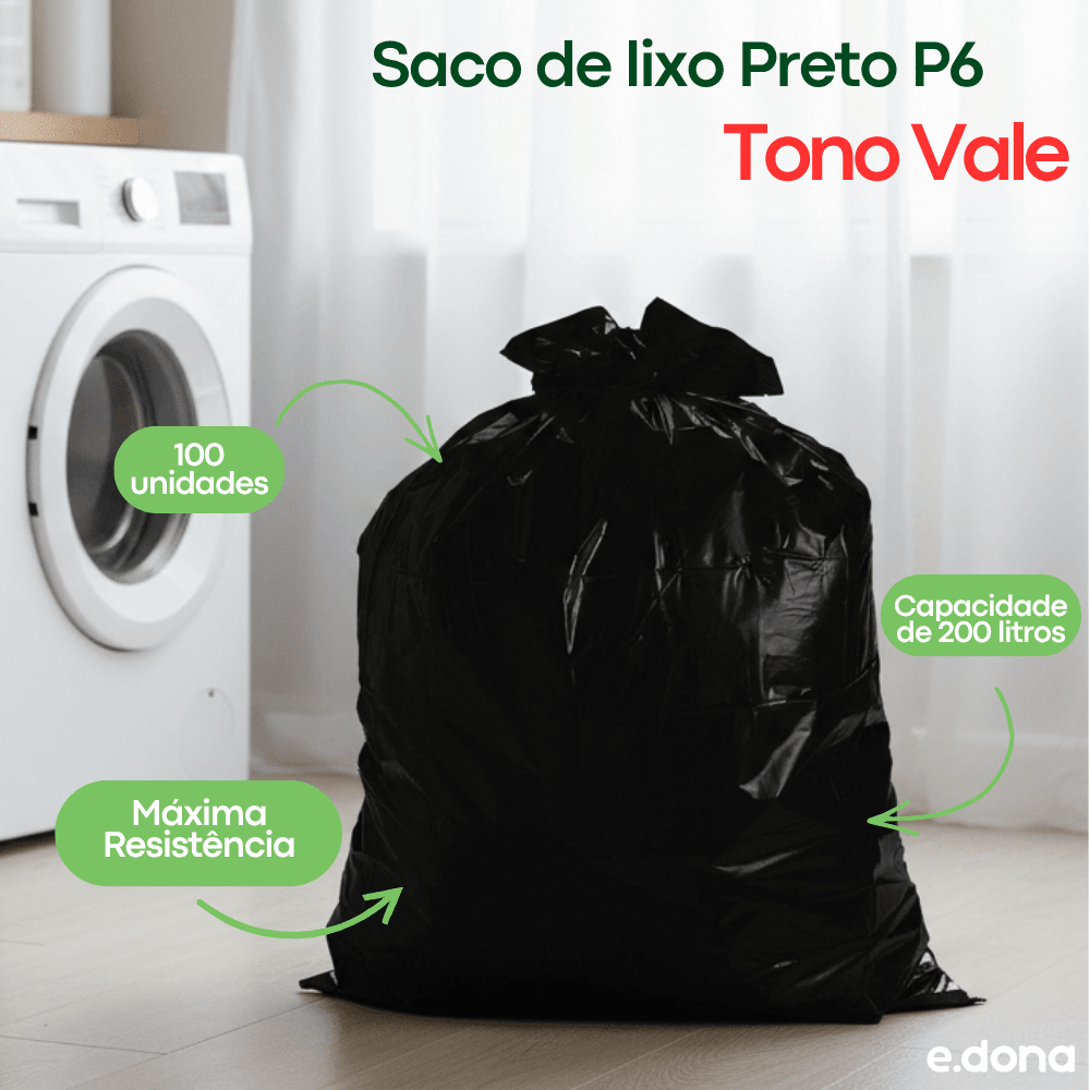 Saco de lixo 200 litros Preto P6 Tono Vale com 100 unidades - e - dona