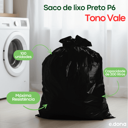 Saco de lixo 200 litros Preto P6 Tono Vale com 100 unidades - e - dona