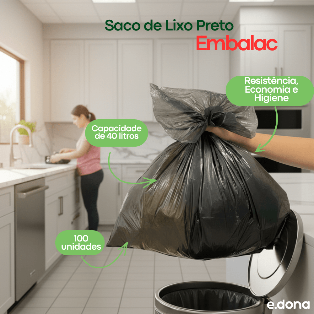 Saco de lixo 40 litros Preto Embalac - e - dona