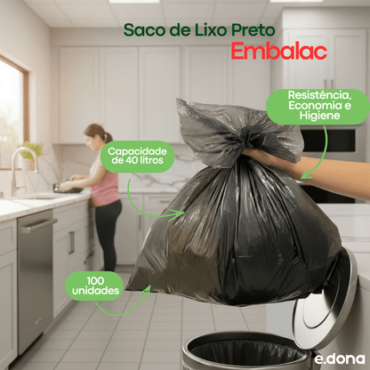 Saco de lixo 40 litros Preto Embalac - e - dona
