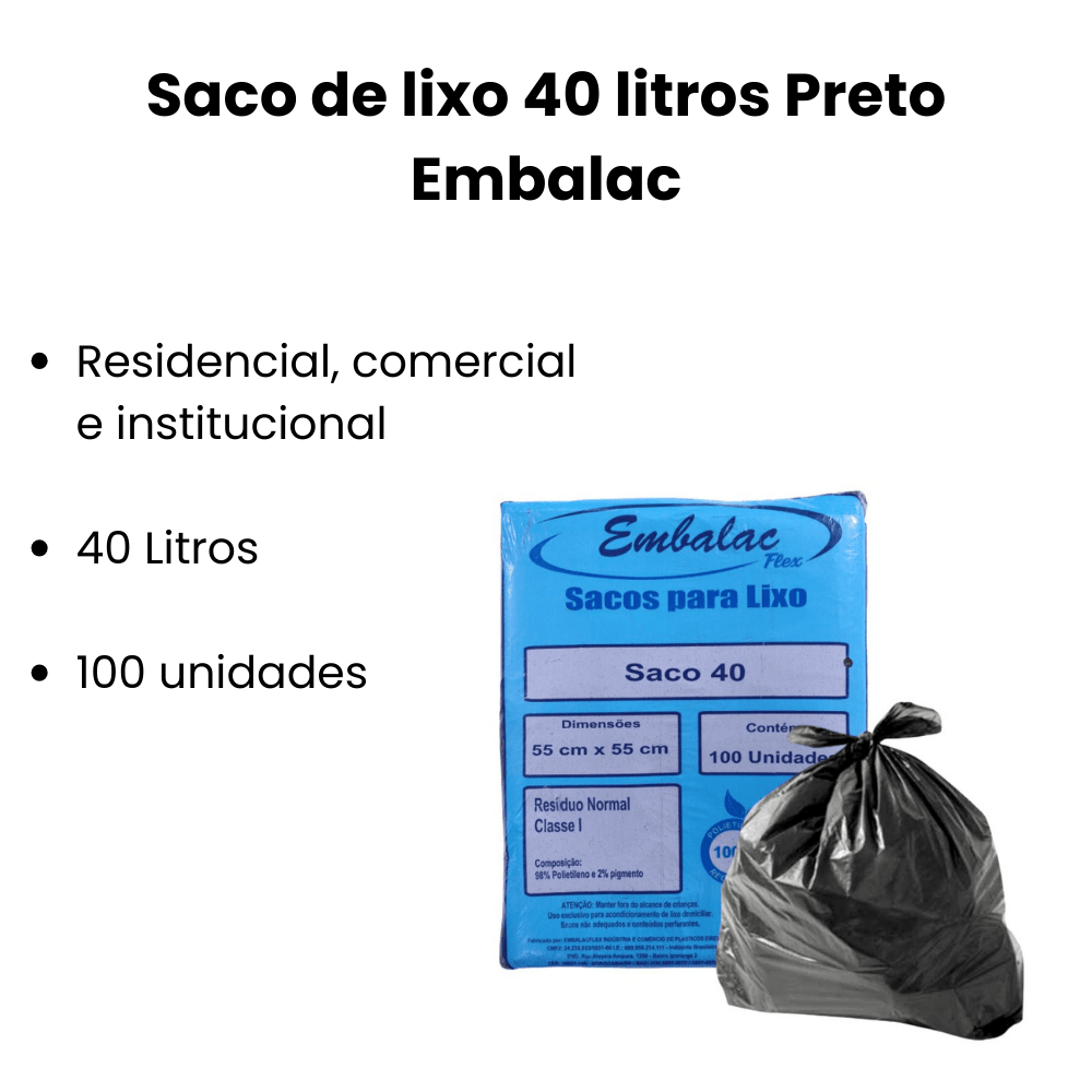 Saco de lixo 40 litros Preto Embalac - e - dona