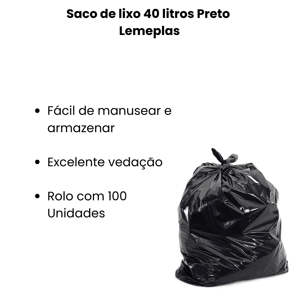 Saco de Lixo 40 Litros Preto Lemeplas com 100 Unidades - e - dona