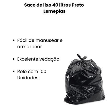 Saco de Lixo 40 Litros Preto Lemeplas com 100 Unidades - e - dona