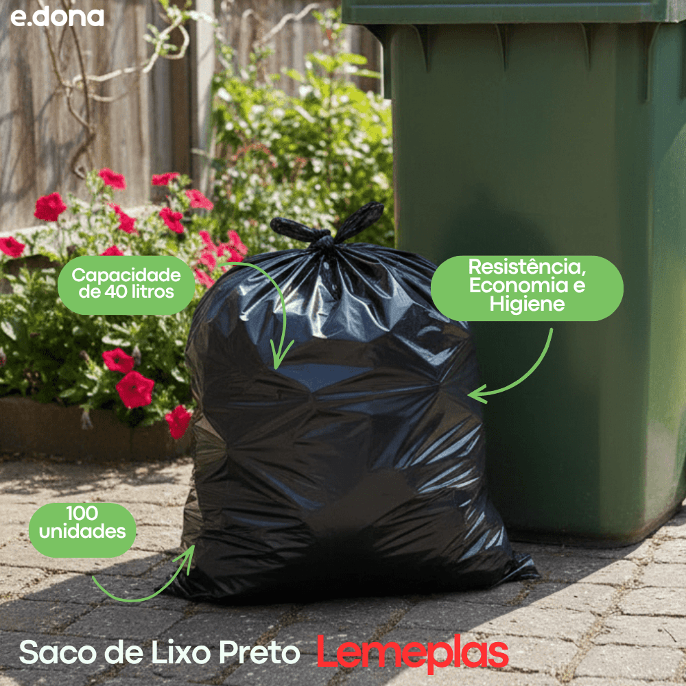 Saco de Lixo 40 Litros Preto Lemeplas com 100 Unidades - e - dona