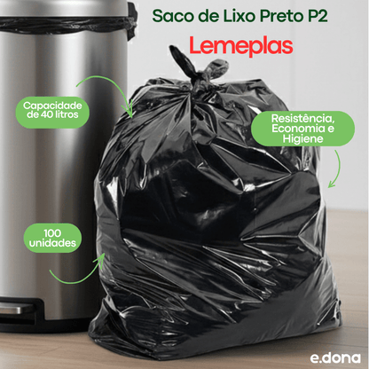 Saco de lixo 40 litros Preto P2 Lemeplas com 100 unidades - e - dona