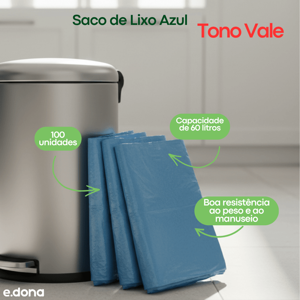 Saco de lixo 60 litros Azul Tono Vale com 100 unidades - e - dona
