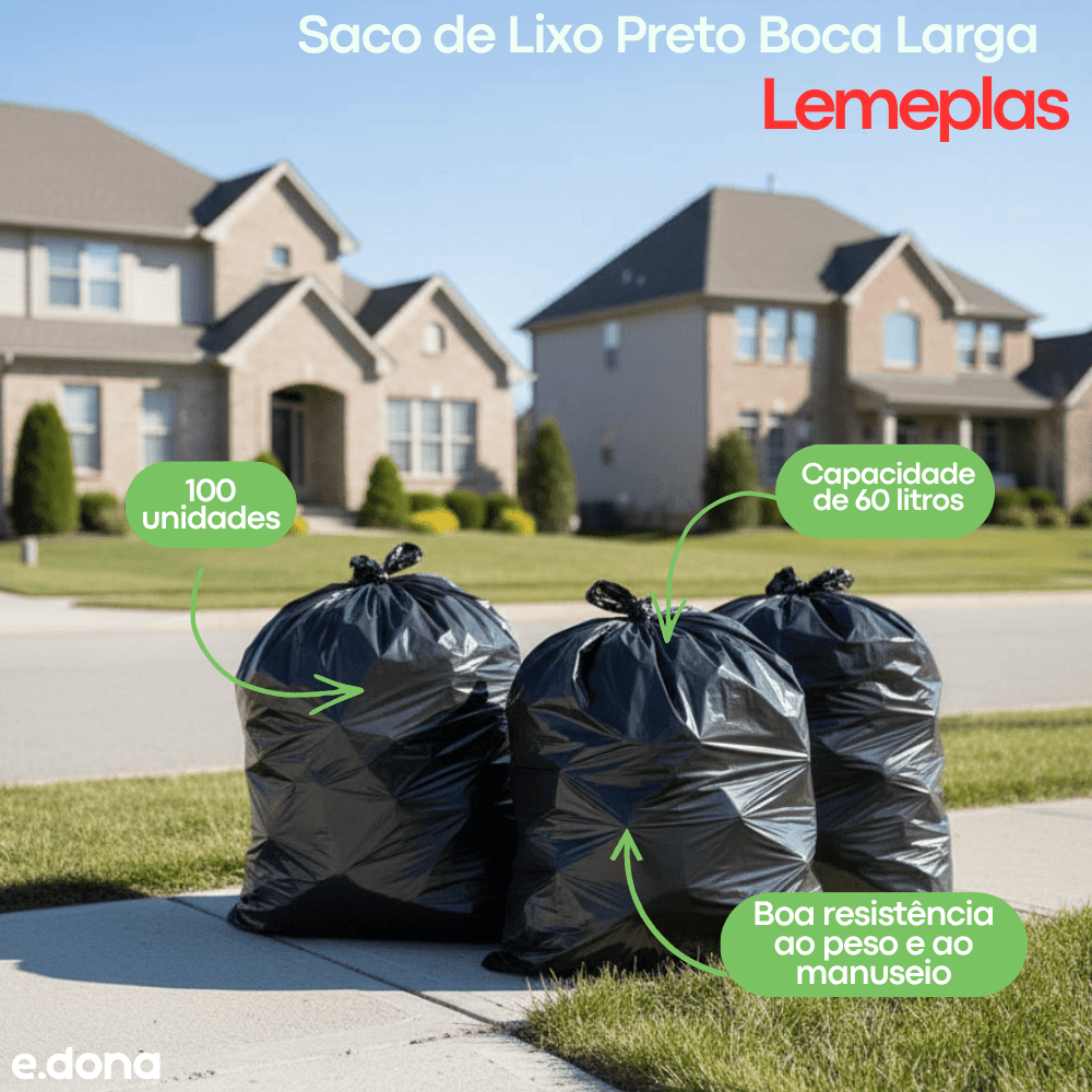 Saco de Lixo 60 Litros Preto Boca Larga Lemeplas - e - dona