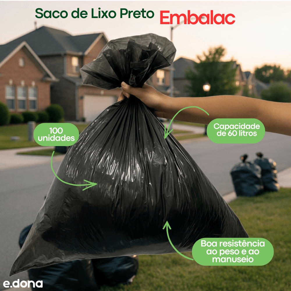 Saco de lixo 60 litros Preto Embalac - e - dona