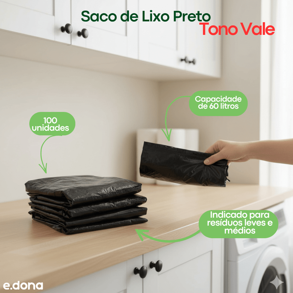Saco de lixo 60 litros Preto Tono Vale com 100 unidades - e - dona